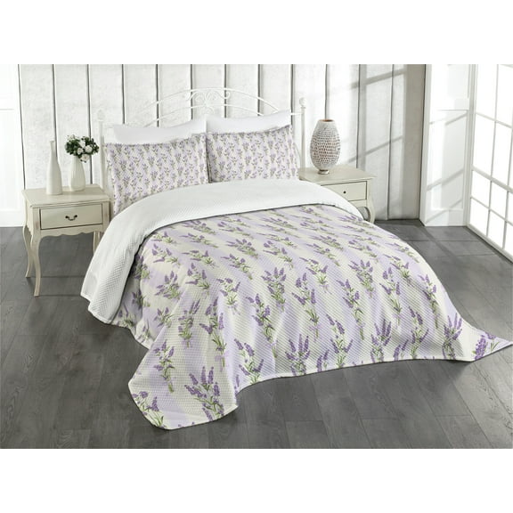 Ambesonne Lavender Quilted Bedspread Set 3 Pcs, Stripes and Flowers, Queen Size, Purple