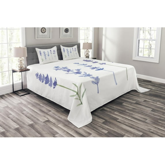 Ambesonne Lavender Quilted Bedspread Set 3 Pcs, Watercolor Rural Herbs, King Size, Lavender Lilac and Green