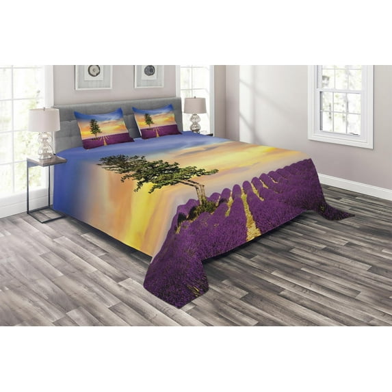 Ambesonne Lavender Quilted Coverlet 3 Pcs, French Countryside, Queen Size, Multicolor