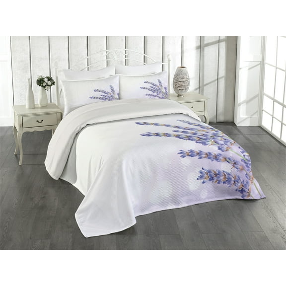 Ambesonne Lavender Quilted Coverlet 3 Pcs, Lilac Flowers Nature Theme, King Size, Lavender Lilac Green