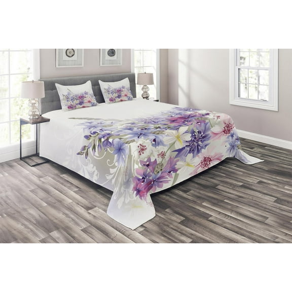 Ambesonne Lavender Quilted Coverlet 3 Pcs, Pink Purple Flowers, Queen Size, Violet White Pink