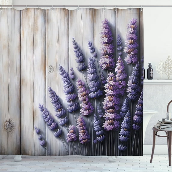 Ambesonne Lavender Shower Curtain, Rustic Farm Purple Flowers, 69"Wx70"L, Dark Indigo Pale Mustard