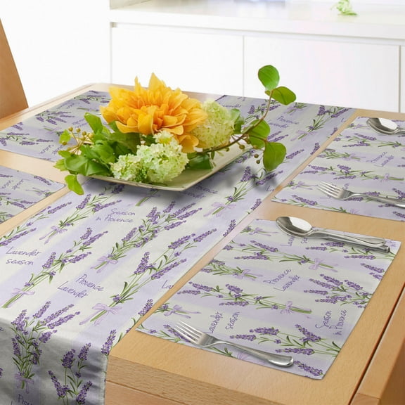 Ambesonne Lavender Table Runner & Placemats, Stripes and Flowers, Placemat 4 pcs + Runner 16"x90", Purple