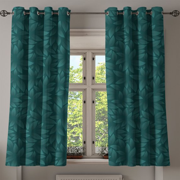 Ambesonne Lead Print Grommet Curtain, Minimalist Forest Leaves, 50"x63", Dark Teal Forest Green