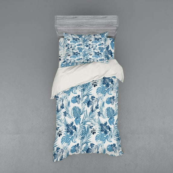 Ambesonne Leaf Bedding Set 3 Pcs, Hawaiian Flowers Palm Tree, Twin XL, Dark Blue Lilac