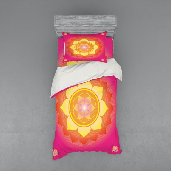 Ambesonne Leaf Bedding Set 3 Pcs, Lotus Planet Astral Cosmic, Twin, Hot Pink Yellow Red