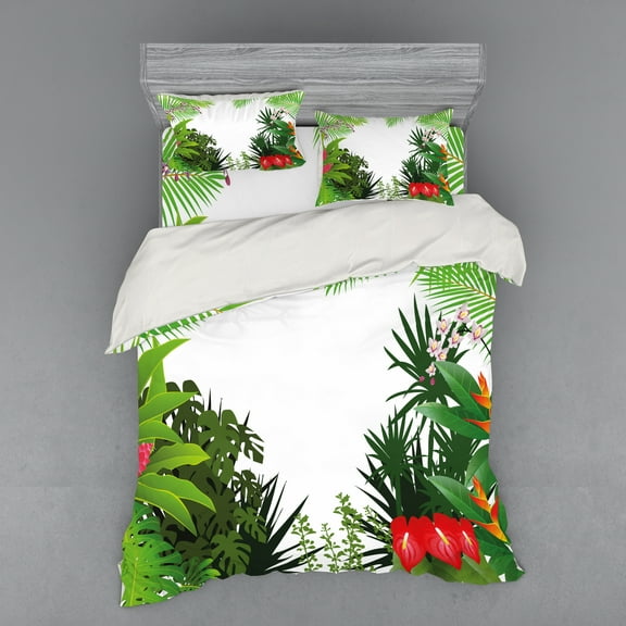 Ambesonne Leaf Bedding Set 4 Pcs, Hibiscus Anthurium Leaves, Queen, Hot Pink White