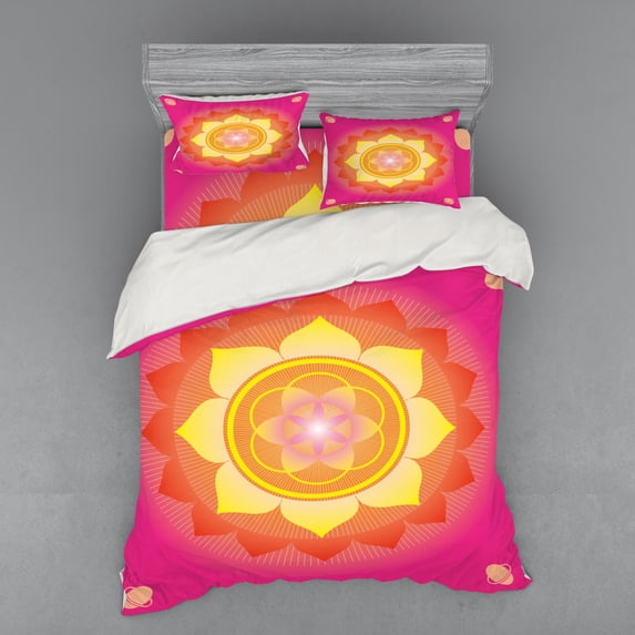 Ambesonne Leaf Bedding Set 4 Pcs, Lotus Planet Astral Cosmic, Queen, Hot Pink Yellow Red