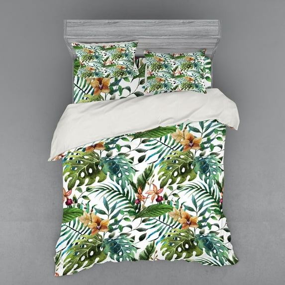 Ambesonne Leaf Bedding Set 4 Pcs, Palm Tree Flowers Hibiscus, Queen, Pale Caramel Burgundy