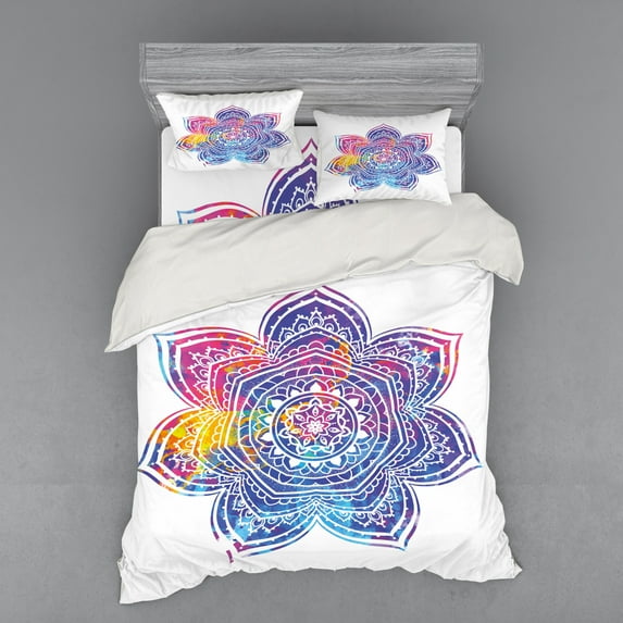 Ambesonne Leaf Bedding Set 4 Pcs, Vivid Colored Lotus, Queen, Earth Yellow Violet Blue