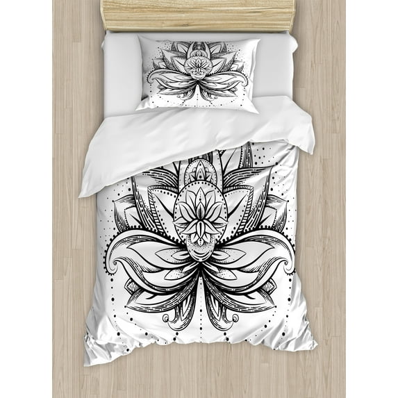 Ambesonne Leaf Duvet Cover Sets, Ornamental Lotus Sketch, 2-Twin, Seal Brown White