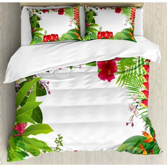 Ambesonne Leaf Duvet Cover Sets, Plumeria Crepe Gingers, 2-Queen, Hot Pink White