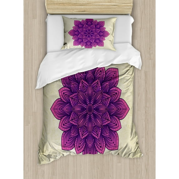 Ambesonne Leaf Duvet Cover Sets, Purple Retro Motif, 2-Twin, Eggshell Fuchsia