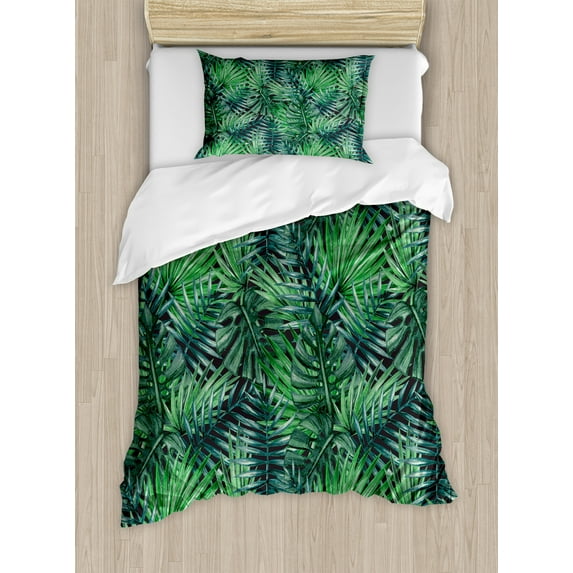 Ambesonne Leaf Duvet Cover Sets, Watercolored Forest Leaves, 2-Twin, Forest Green Dark Green