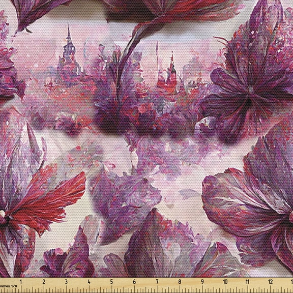 Ambesonne Leaf Fabric by the Yard Upholstery, Romantic Leaves European Print, 1 Yard, Plum Coral Pale Pink
