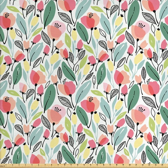 Ambesonne Leaf Fabric by the Yard Upholstery, Hand Drawn Style Poppies, 5 Yards, Multicolor