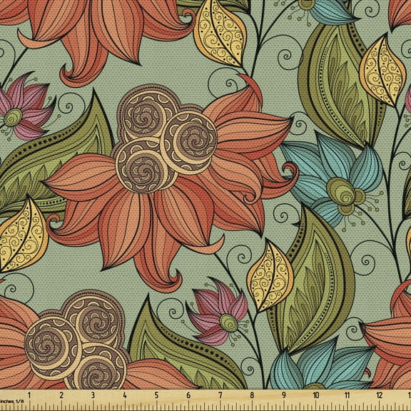 Ambesonne Leaf Fabric by the Yard Upholstery, Oriental Nature Flourish, 2 Yards, Multicolor