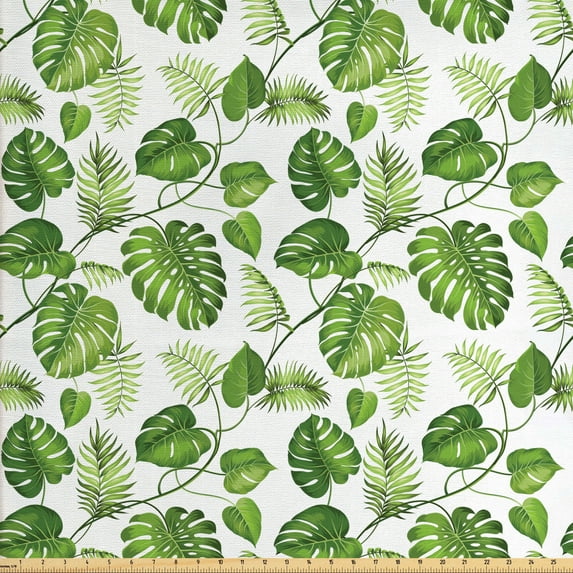 Ambesonne Leaf Fabric by the Yard Upholstery, Swirls Palm Banana Trees, 5 Yards, Pale Green