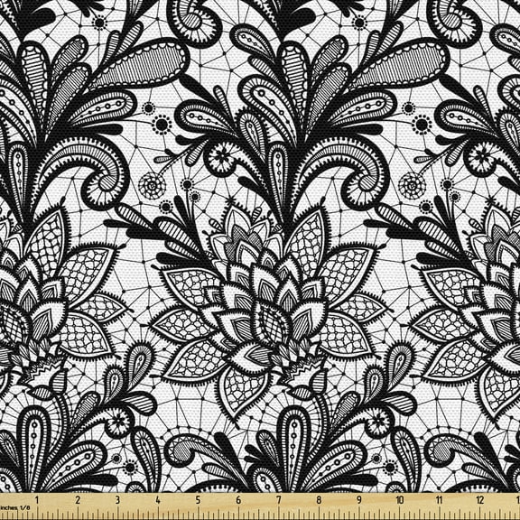 Ambesonne Leaf Fabric by the Yard Upholstery, Vintage Lace Style Gothic, 3 Yards, Black White