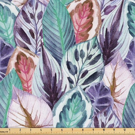 Ambesonne Leaf Fabric by the Yard Upholstery, Watercolor Leaves Ornament Art, 1 Yard, Plum Sea Green Soft Pink