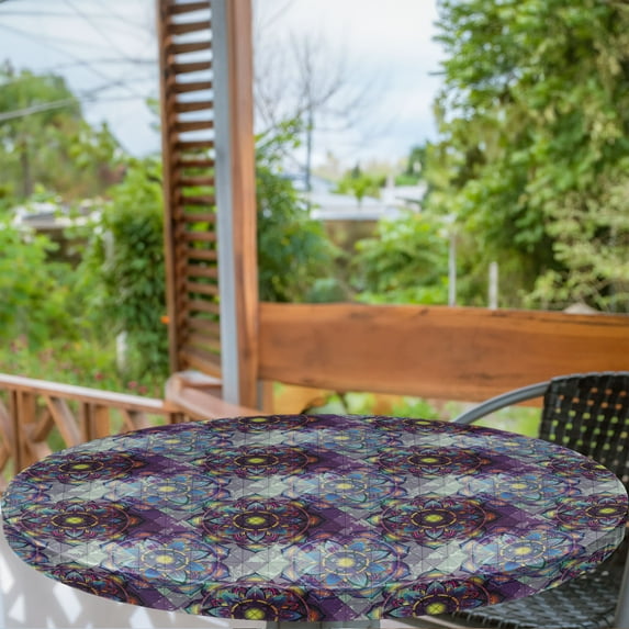 Ambesonne Leaf Fitted Round Tablecloth, Grunge Futuristic Mandala, 45"- 56" Diameter, Multicolor