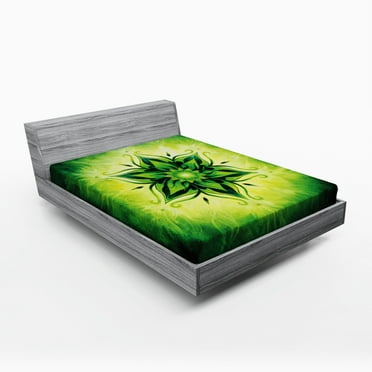 Ambesonne Leaf Fitted Sheet, Esoteric Mandala Art, Full Size, Emerald Lime Green