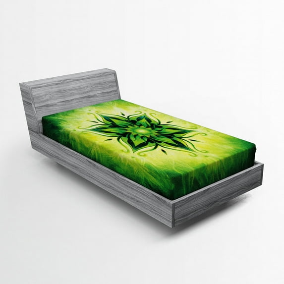 Ambesonne Leaf Fitted Sheet, Esoteric Mandala Art, Twin Size, Emerald Lime Green