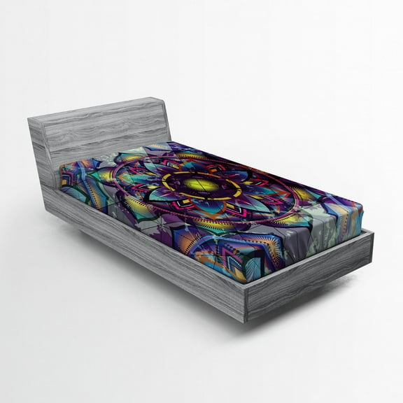 Ambesonne Leaf Fitted Sheet, Grunge Futuristic Mandala, Twin Size, Multicolor
