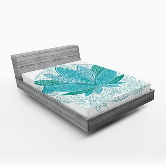 Ambesonne Leaf Fitted Sheet, Mandala Lotus Pattern Art, California King, Sky Blue Teal