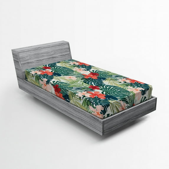 Ambesonne Leaf Fitted Sheet, Nature Crepe Ginger Flower, Twin XL Size, Dark Green Green