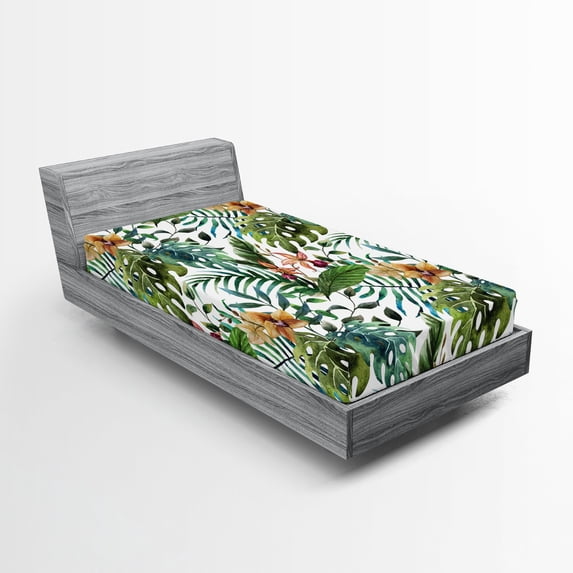 Ambesonne Leaf Fitted Sheet, Palm Tree Flowers Hibiscus, Twin Size, Pale Caramel Burgundy