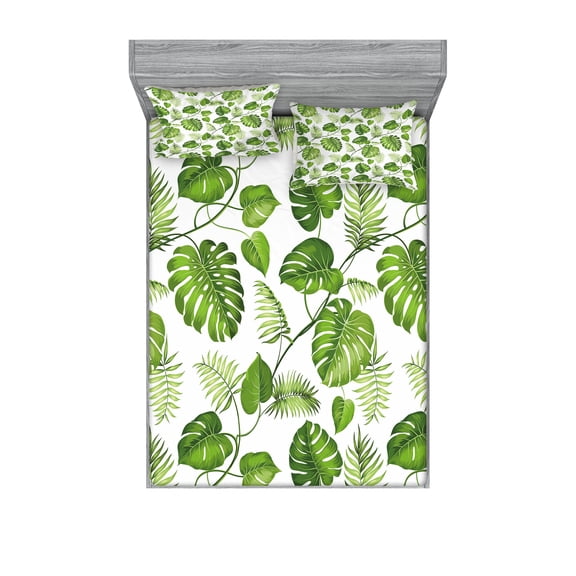 Ambesonne Leaf Fitted Sheet & Pillow Sham Set, Swirls Palm Banana Trees, Queen, Pale Green