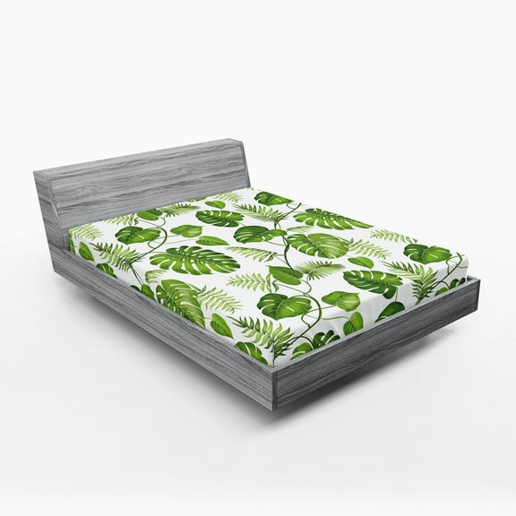 Ambesonne Leaf Fitted Sheet, Swirls Palm Banana Trees, California King, Pale Green