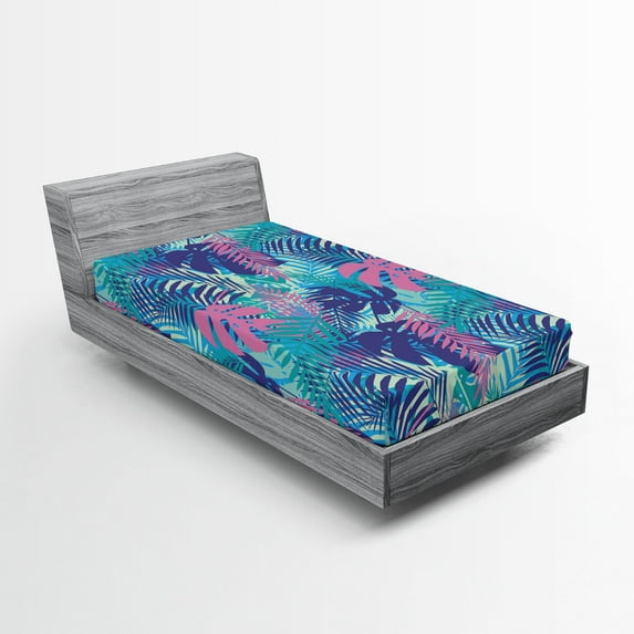 Ambesonne Leaf Fitted Sheet, Vivid Colored Island Flora, Twin XL Size, Turquoise Dark Blue