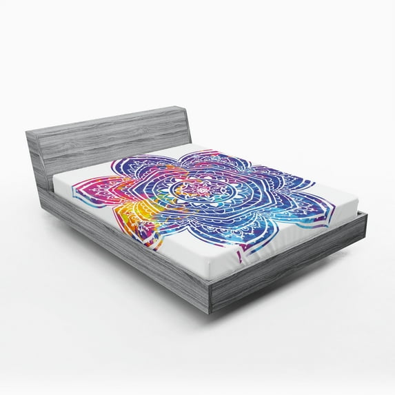 Ambesonne Leaf Fitted Sheet, Vivid Colored Lotus, Full Size, Earth Yellow Violet Blue