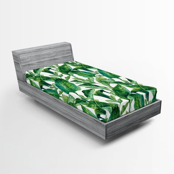 Ambesonne Leaf Fitted Sheet, Watercolored Banana Tree, Twin Size, Forest Green Dark Green