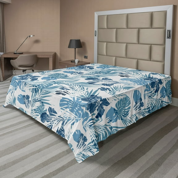 Ambesonne Leaf Flat Sheet, Hawaiian Flowers Palm Tree, California King, Dark Blue Lilac