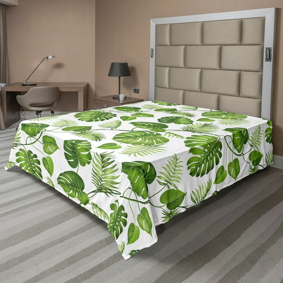 Ambesonne Leaf Flat Sheet, Swirls Palm Banana Trees, King Size, Pale Green