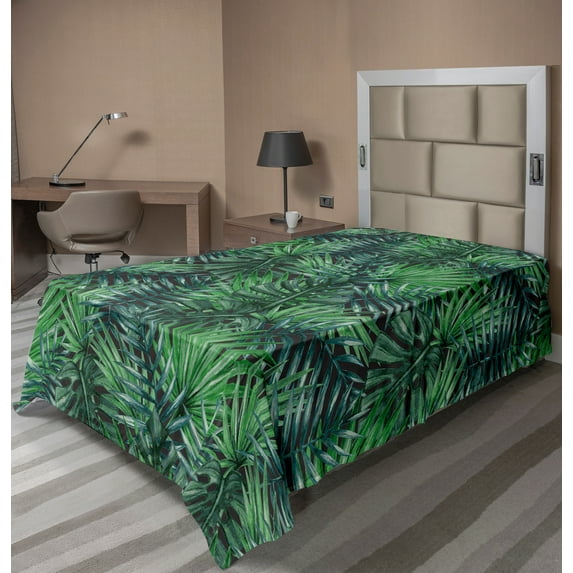 Ambesonne Leaf Flat Sheet, Watercolored Forest Leaves, Twin Size, Forest Green Dark Green