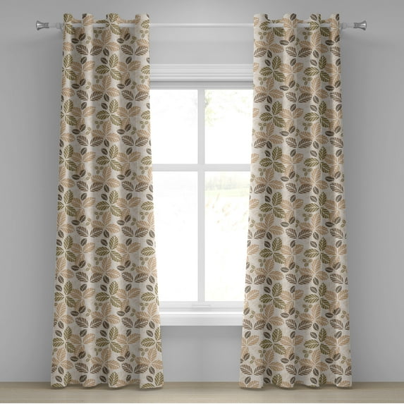 Ambesonne Leaf Grommet Curtain, Retro Leaf Silhouettes, 50" x 84", Army Green Tan Brown