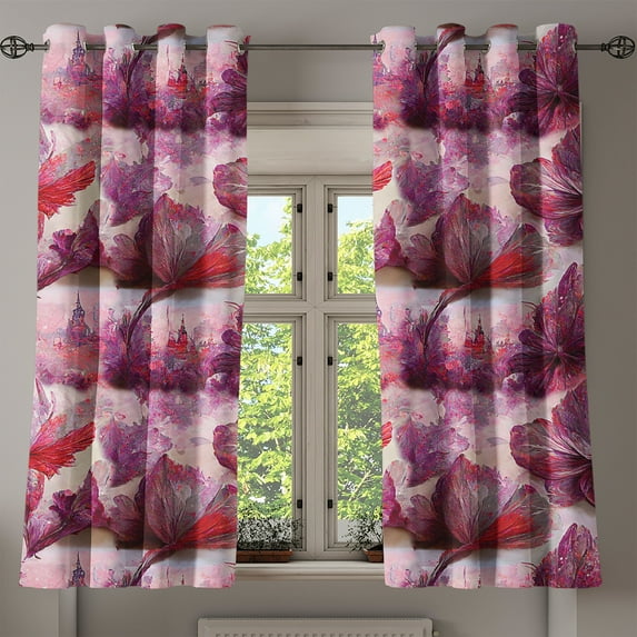 Ambesonne Leaf Grommet Curtain, Romantic Leaves European Print, 50"x63", Plum Coral Pale Pink