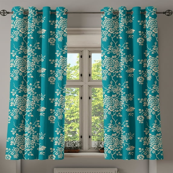 Ambesonne Leaf Grommet Curtain, Roses on Blossoming Branches, 50" x 63", Teal Beige