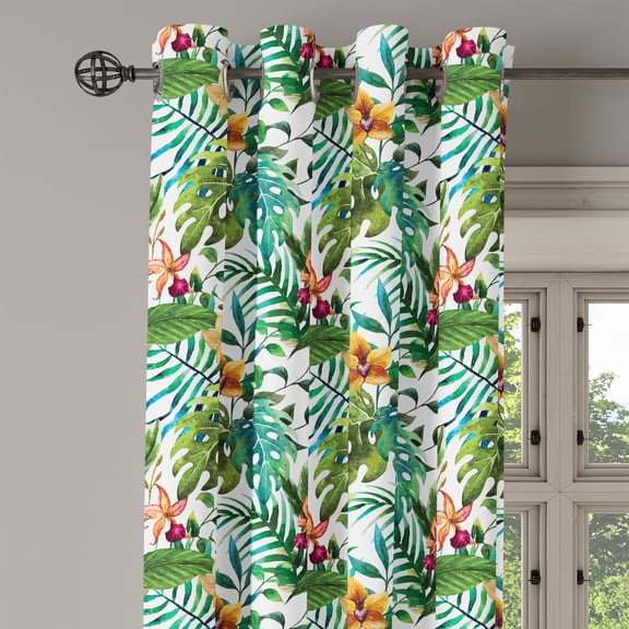 Ambesonne Leaf Grommet Curtain Single Panel, Palm Tree Flowers Hibiscus, 50"x60", Pale Caramel Burgundy