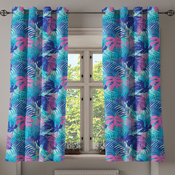 Ambesonne Leaf Grommet Curtain, Vivid Colored Island Flora, 50" x 54", Turquoise Dark Blue