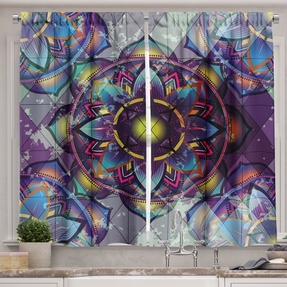 Ambesonne Leaf Kitchen Curtains, Grunge Futuristic Mandala, 55"x39", Multicolor