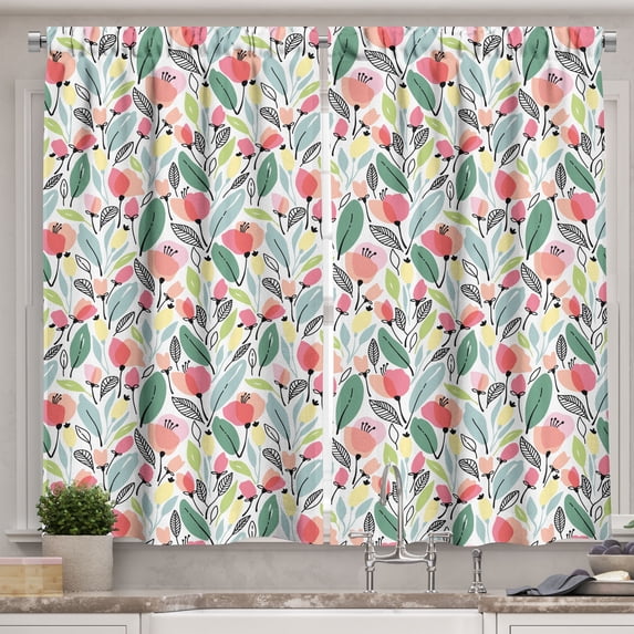 Ambesonne Leaf Kitchen Curtains, Hand Drawn Style Poppies, 55"x39", Multicolor