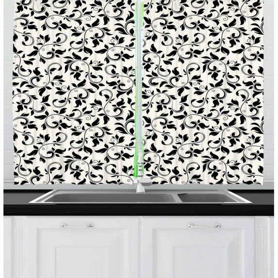 Ambesonne Leaf Kitchen Curtains, Monochrome Scroll Pattern, 55"x39", Black Cream