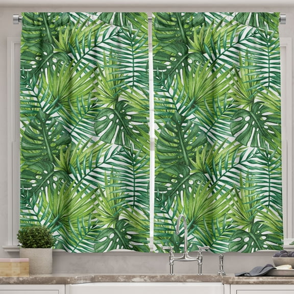Ambesonne Leaf Kitchen Curtains, Tree Leaves Watercolor, 55"x45", Pale Green Dark Green