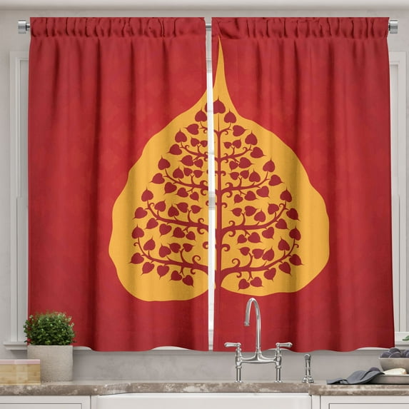 Ambesonne Leaf Kitchen Curtains, Tree Yoga Theme Nature Form, 55"x39", Vermilion Marigold