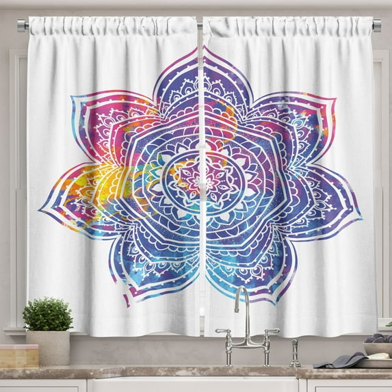 Ambesonne Leaf Kitchen Curtains, Vivid Colored Lotus, 55"x39", Earth Yellow Violet Blue